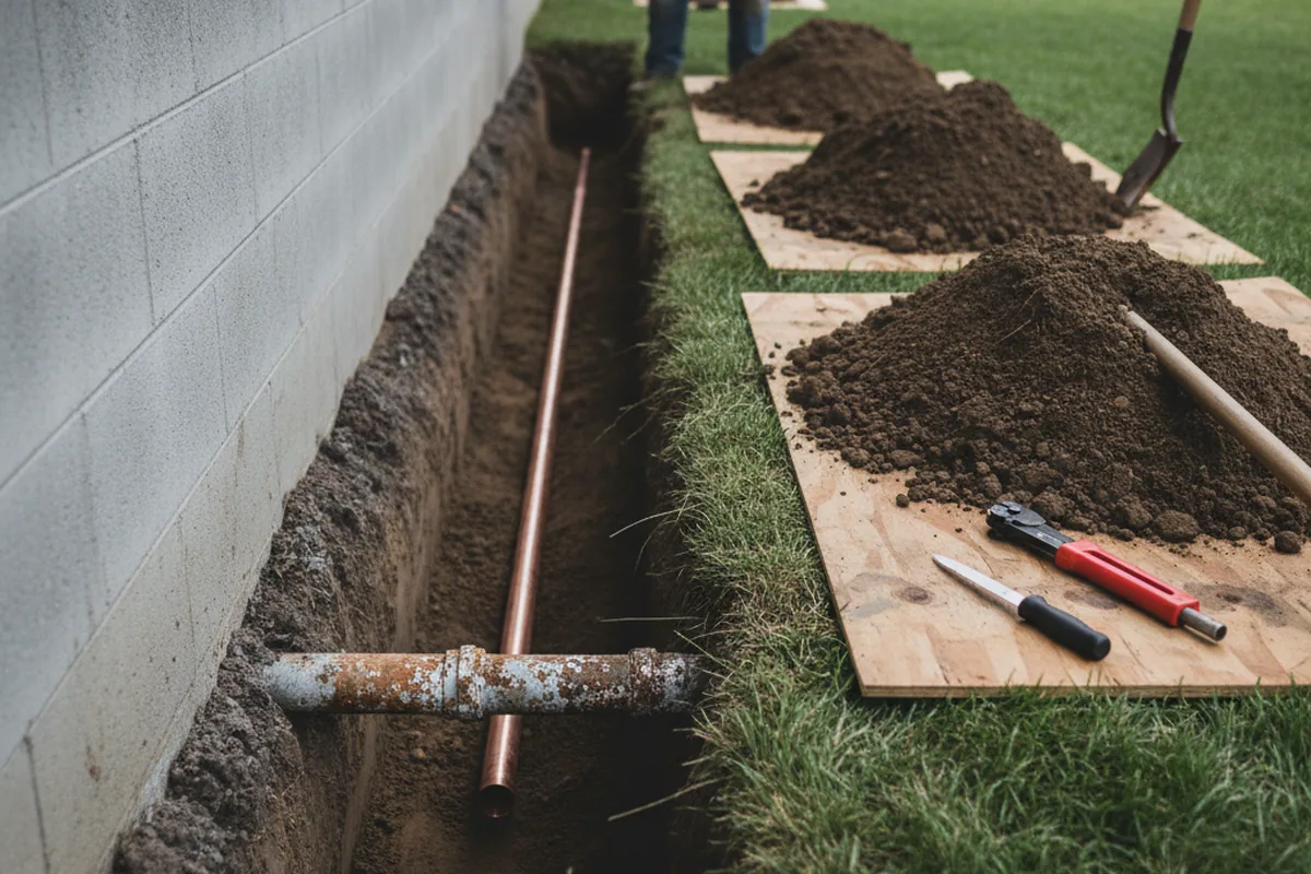 Excavated water line trench during Water Heater Repair in Norris